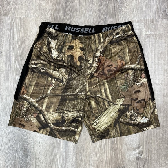 VTG Russell Athletic Camo Shorts Mens Large Mossy Oak Break Up Infinity Hunting - Picture 1 of 11
